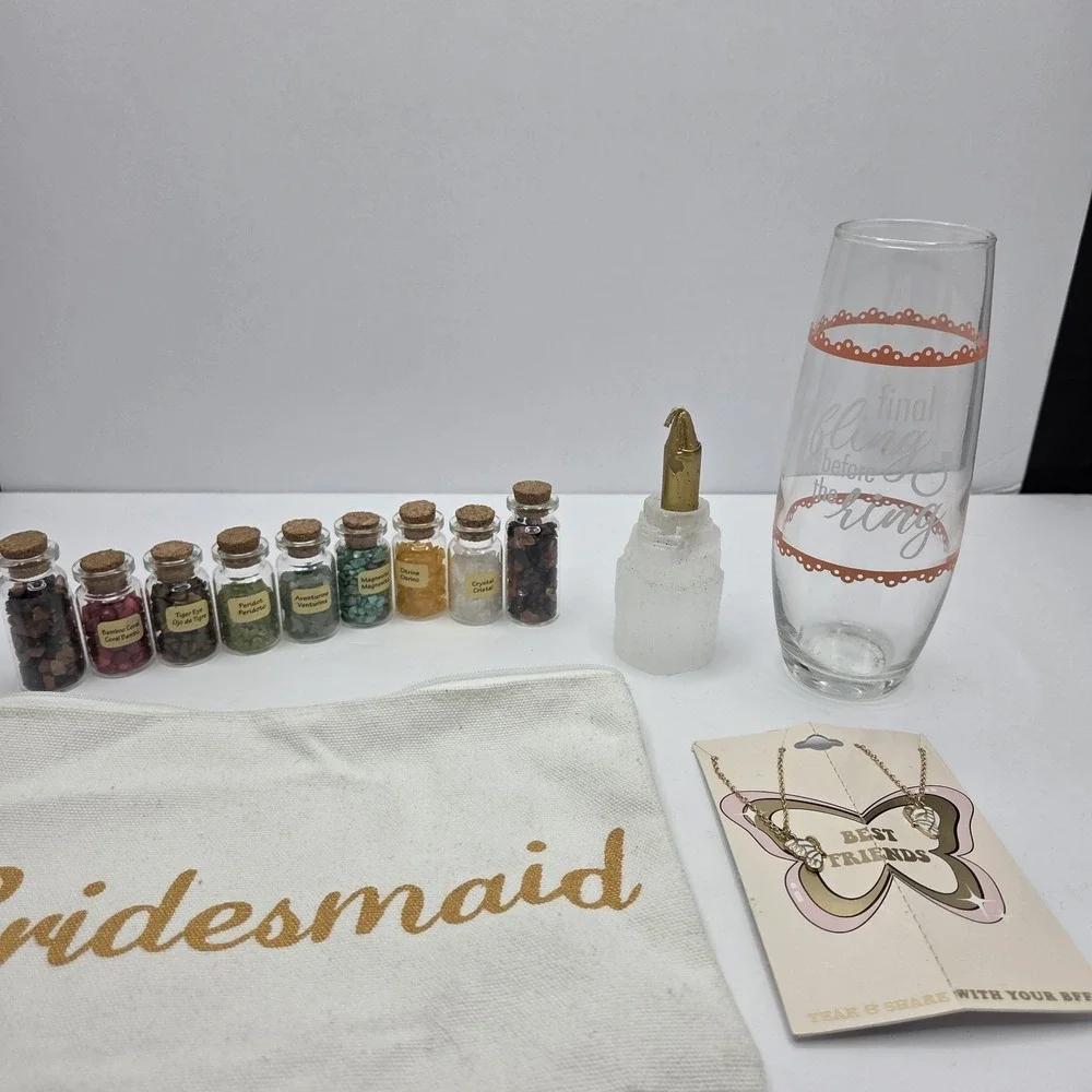 Bridesmaid Bachelorette Gift Set Crystals Jewelry Pouch Wine Glass Candle